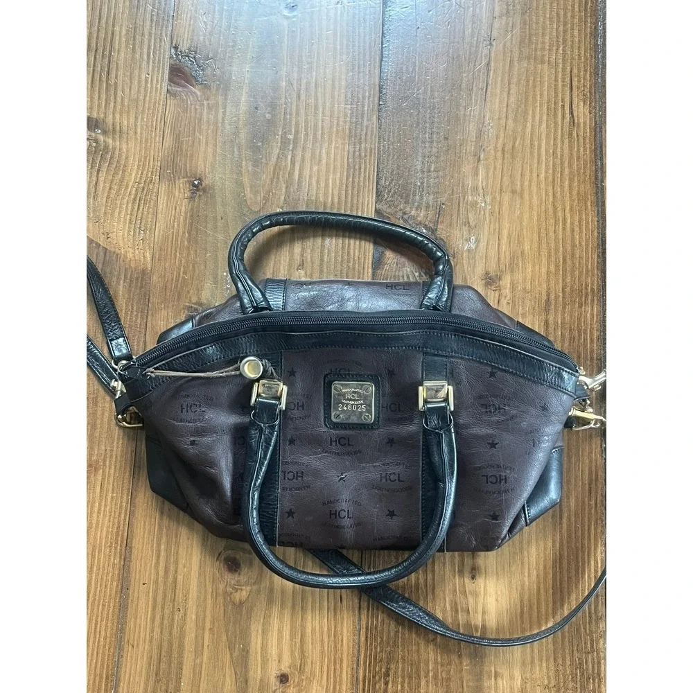 HCL‎ Handcrafted Leathergoods Vintage Monogram Satchel Bag Brown Black 248025